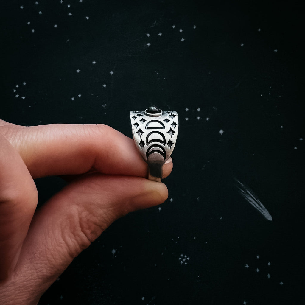 Eclipse Ring with Moon Phases and Black Opal